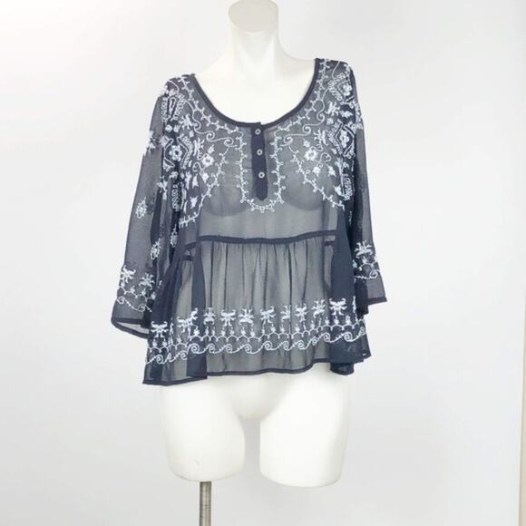 Free People Small Womens Black Sheer Embroidered Boho Blouse Top - Picture 1 of 6